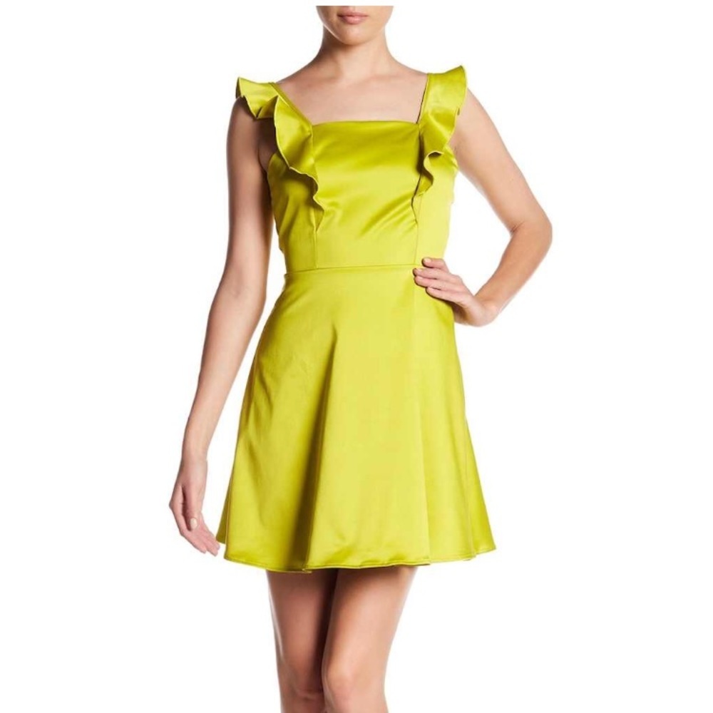 The Vanity Room Chartreuse Lime Satin Ruffle Strap Party Mini Dress Large New